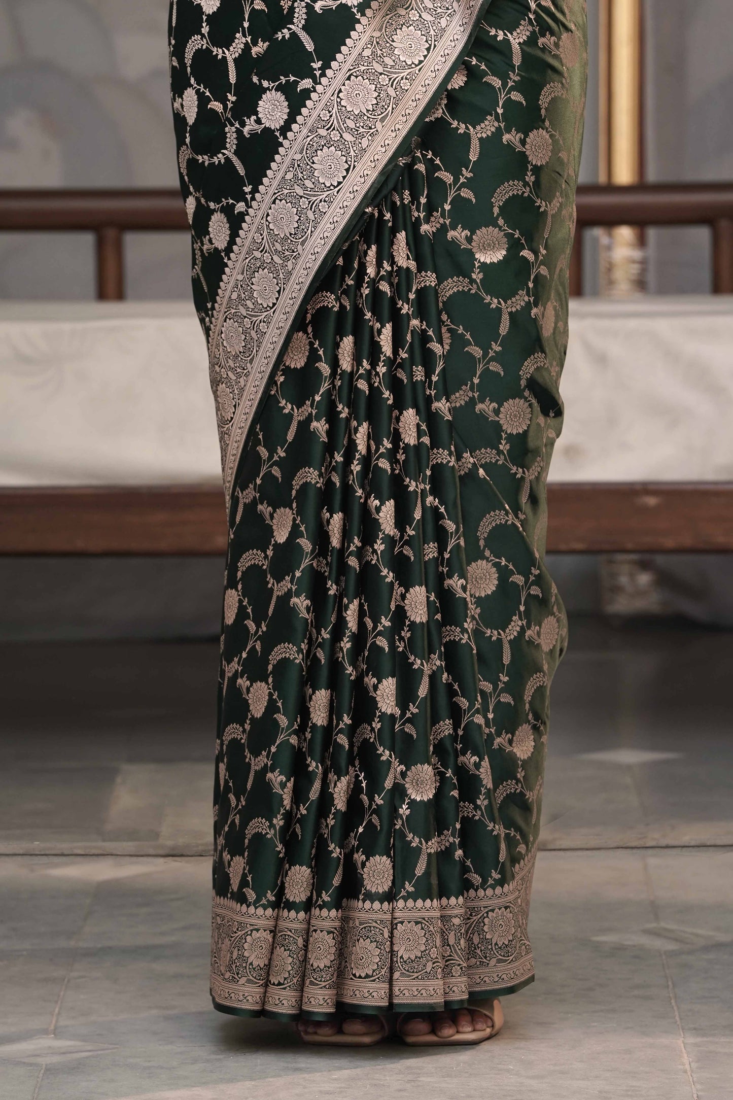 Bottle Green Mashru Silk Saree in Banarasi Jaal Weaving