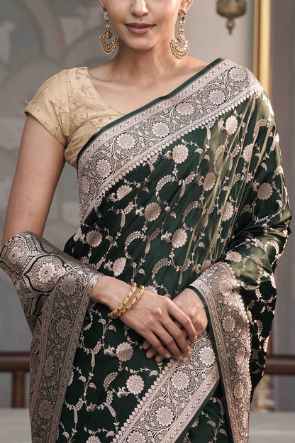 Bottle Green Mashru Silk Saree in Banarasi Jaal Weaving