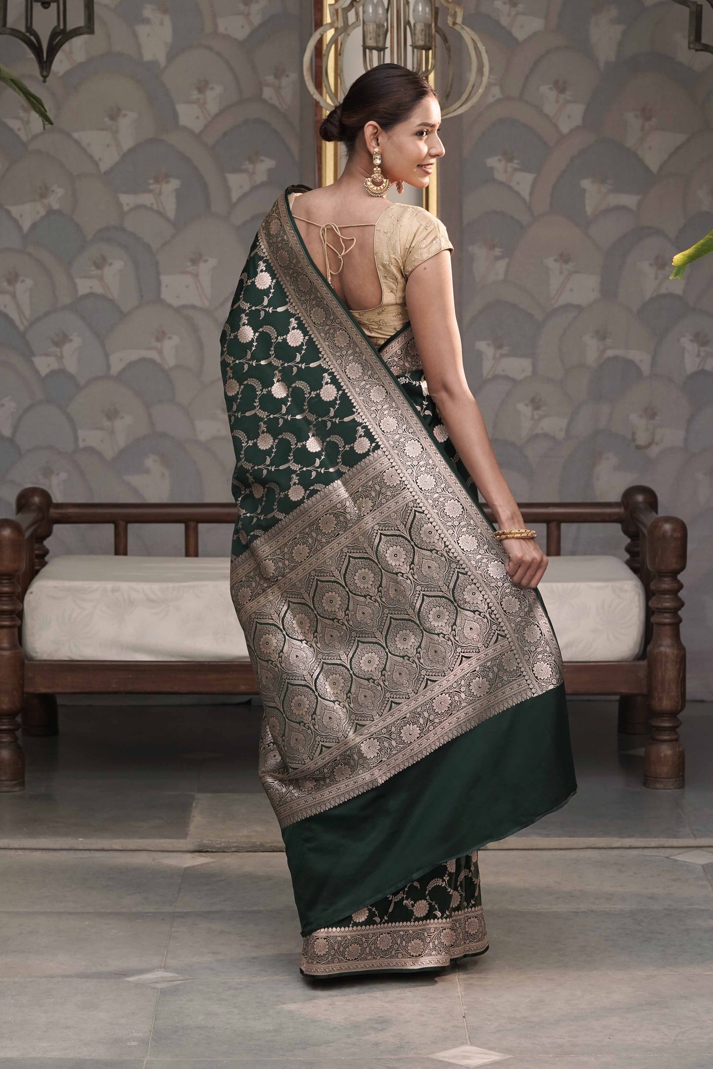 Bottle Green Mashru Silk Saree in Banarasi Jaal Weaving