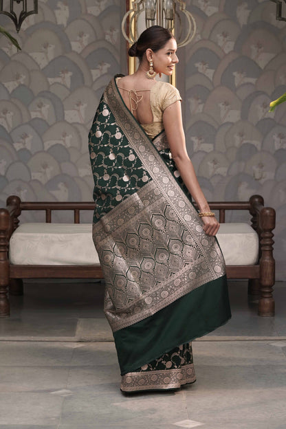 Bottle Green Mashru Silk Saree in Banarasi Jaal Weaving