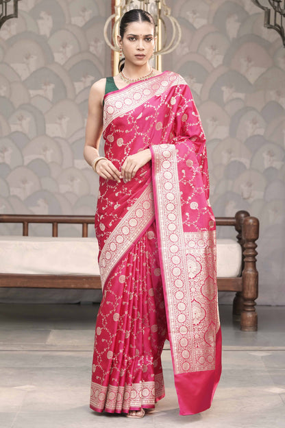 Rani pink Banarasi Mashru Silk Saree in Golden zari slim Jaal pattern