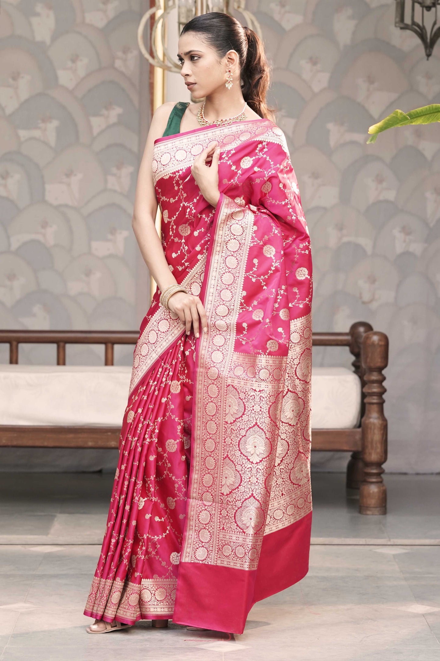 Rani pink Banarasi Mashru Silk Saree in Golden zari slim Jaal pattern