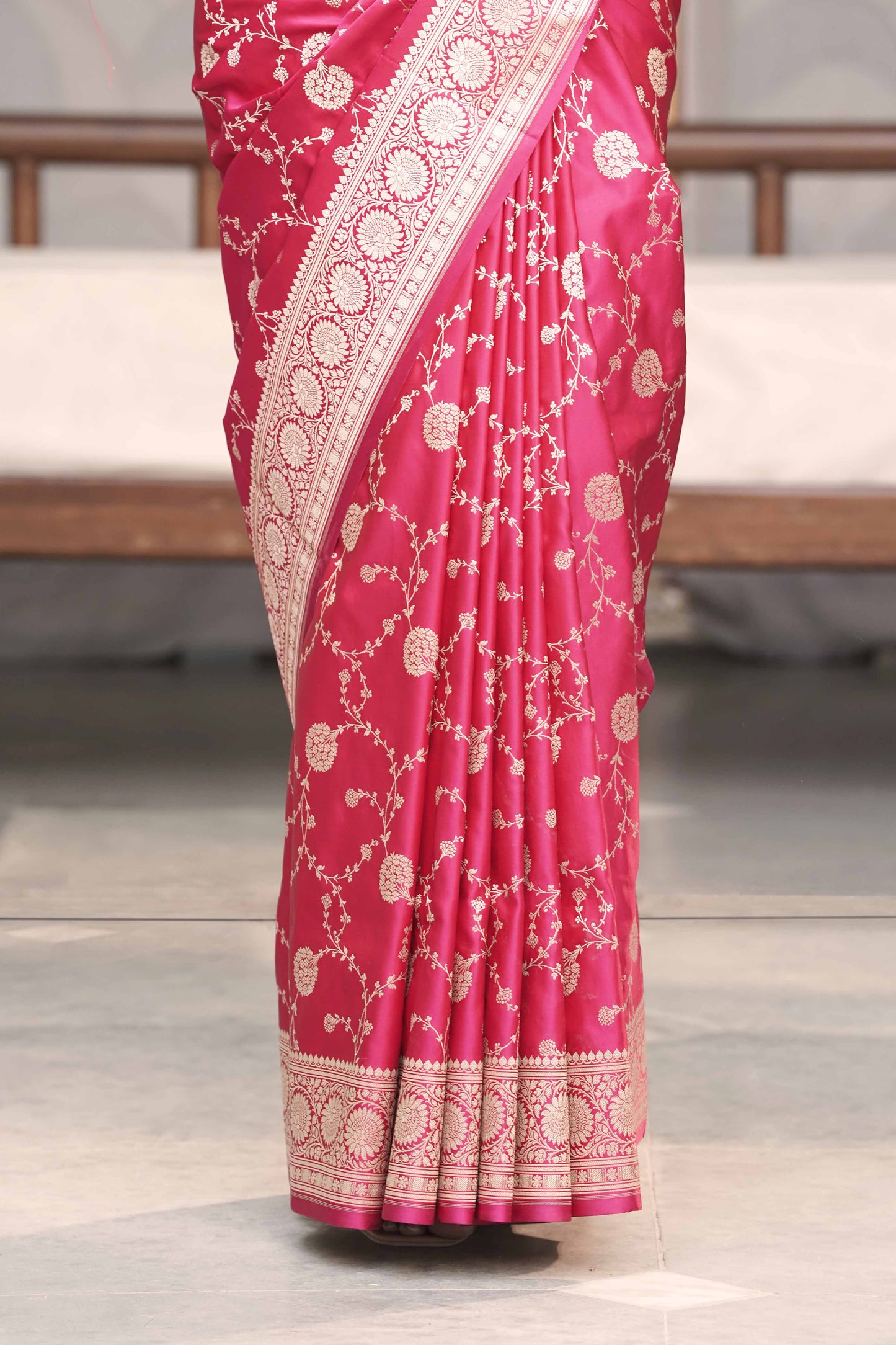 Rani pink Banarasi Mashru Silk Saree in Golden zari slim Jaal pattern