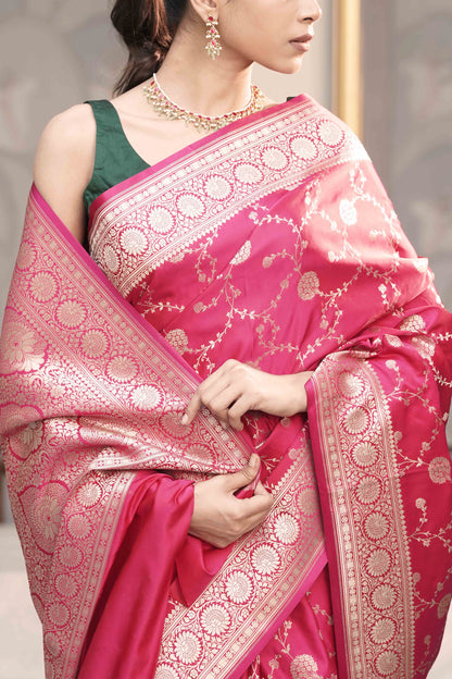 Rani pink Banarasi Mashru Silk Saree in Golden zari slim Jaal pattern