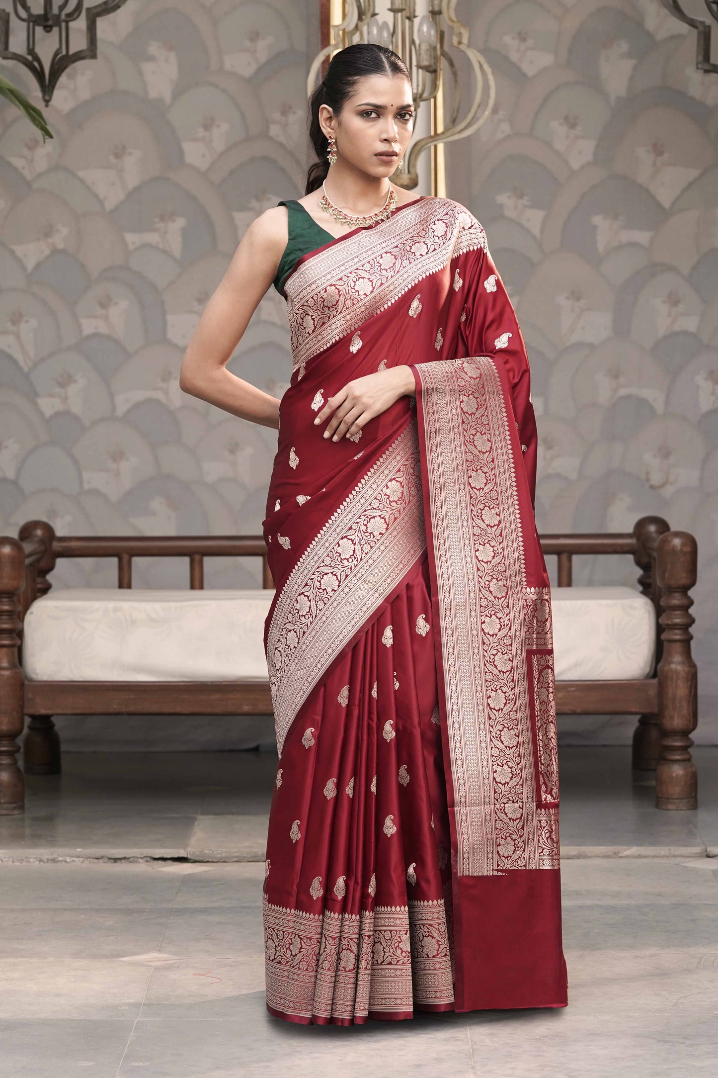 Maroon Mashru Silk Banarasi Saree with Traditional Buti Border Weave
