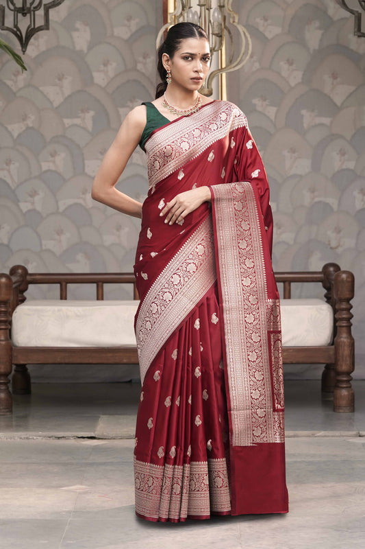 Maroon Mashru Silk Banarasi Saree with Traditional Buti Border Weave