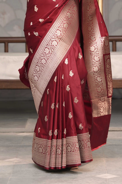 Maroon Mashru Silk Banarasi Saree with Traditional Buti Border Weave