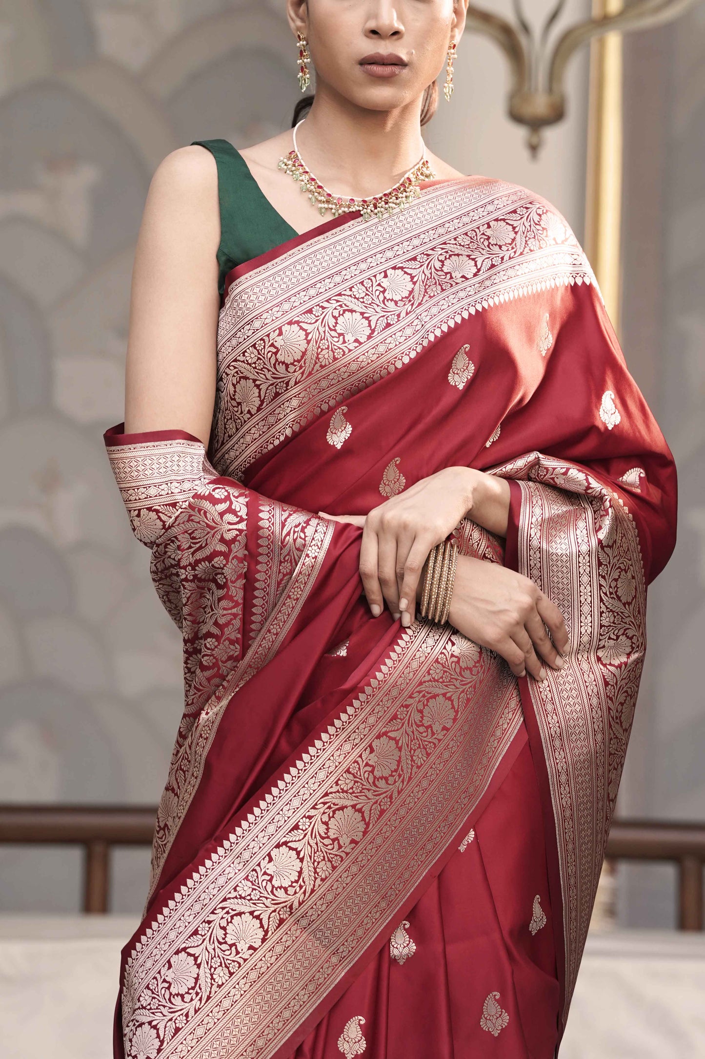 Maroon Mashru Silk Banarasi Saree with Traditional Buti Border Weave