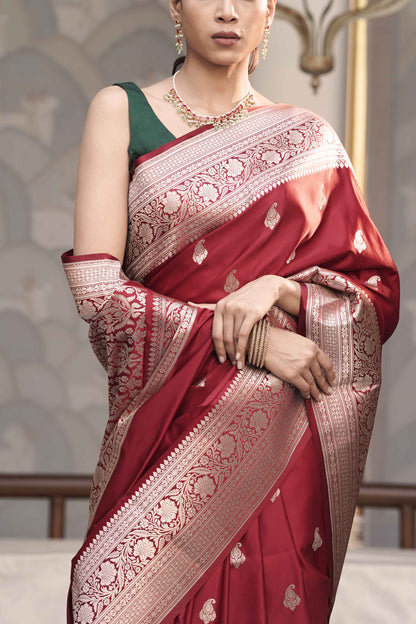 Maroon Mashru Silk Banarasi Saree with Traditional Buti Border Weave
