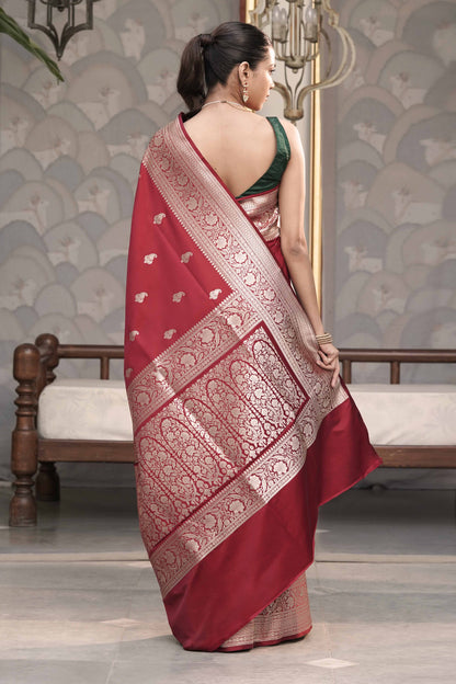 Maroon Mashru Silk Banarasi Saree with Traditional Buti Border Weave
