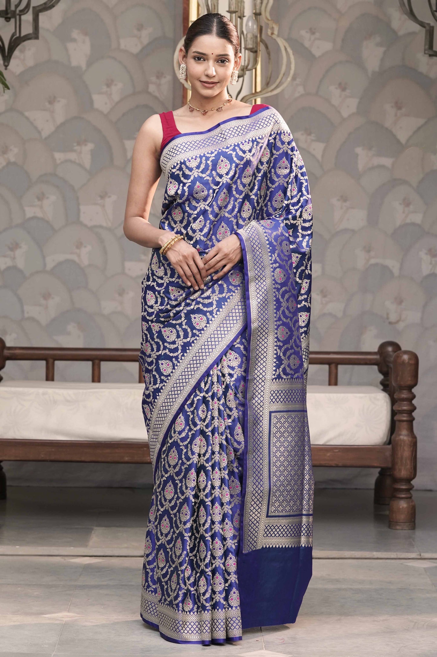 Royal Blue Katan Silk Blend in Meenakari Motif and Golden Zari Jaal Pattern