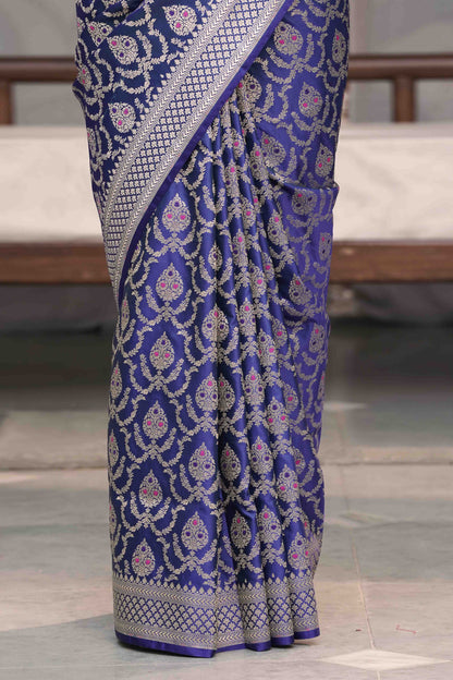 Royal Blue Katan Silk Blend in Meenakari Motif and Golden Zari Jaal Pattern