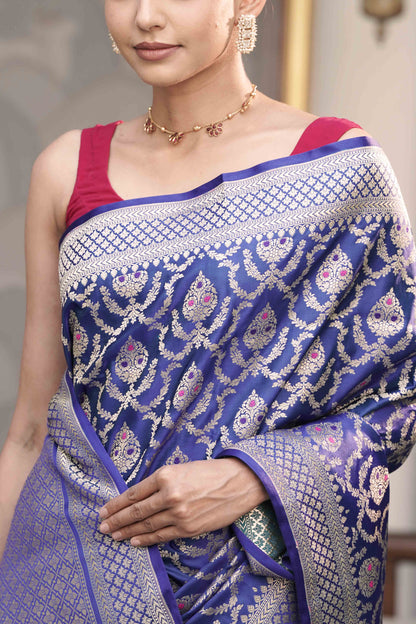 Royal Blue Katan Silk Blend in Meenakari Motif and Golden Zari Jaal Pattern