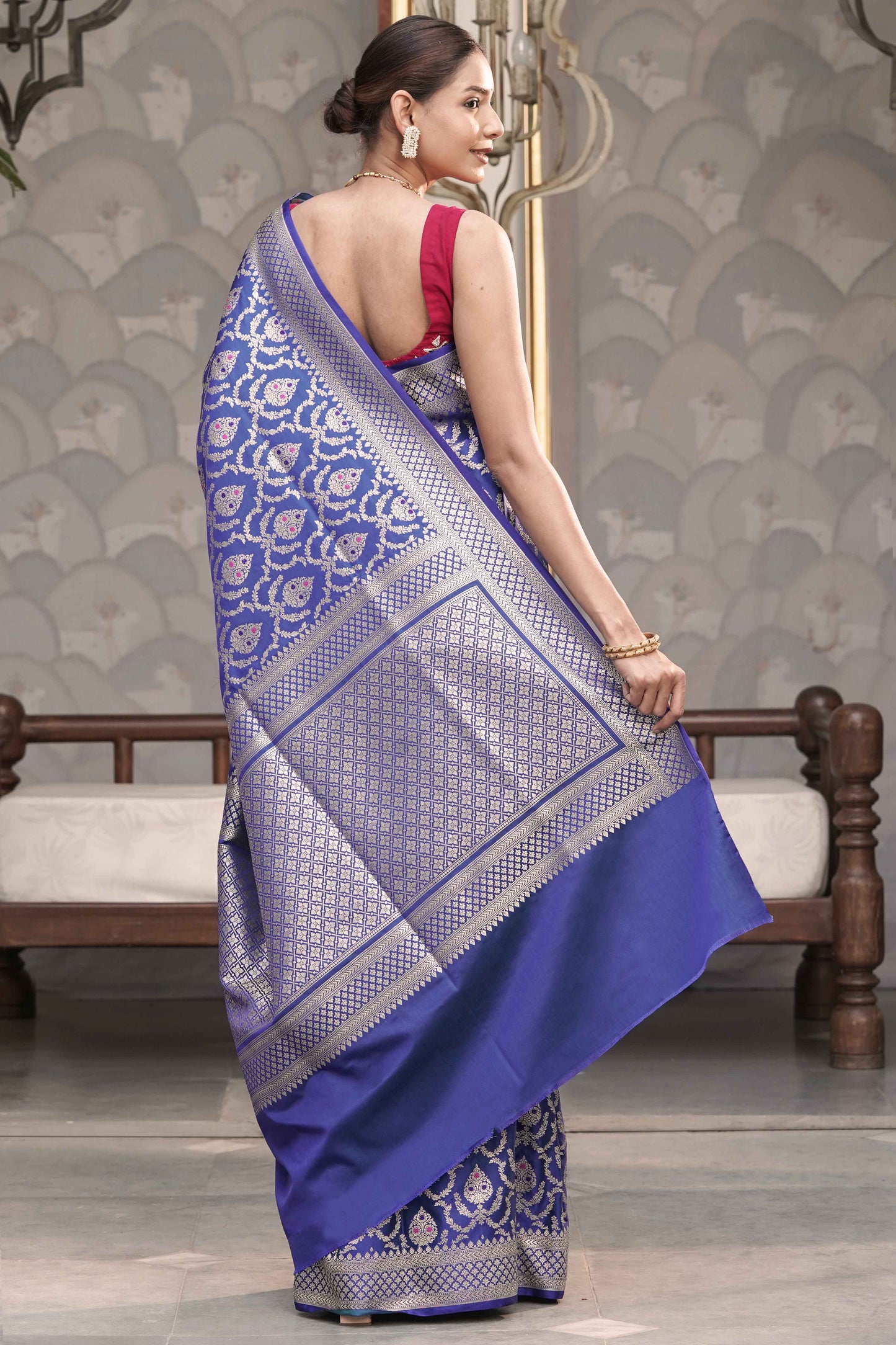 Royal Blue Katan Silk Blend in Meenakari Motif and Golden Zari Jaal Pattern