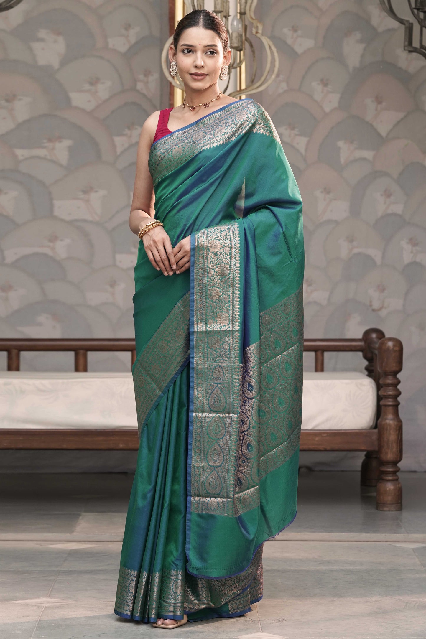 Peacock Dual Tone Plain Blend Silk Saree with traditional border palla and woven blouse