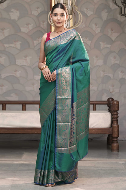 Peacock Dual Tone Plain Blend Silk Saree with traditional border palla and woven blouse