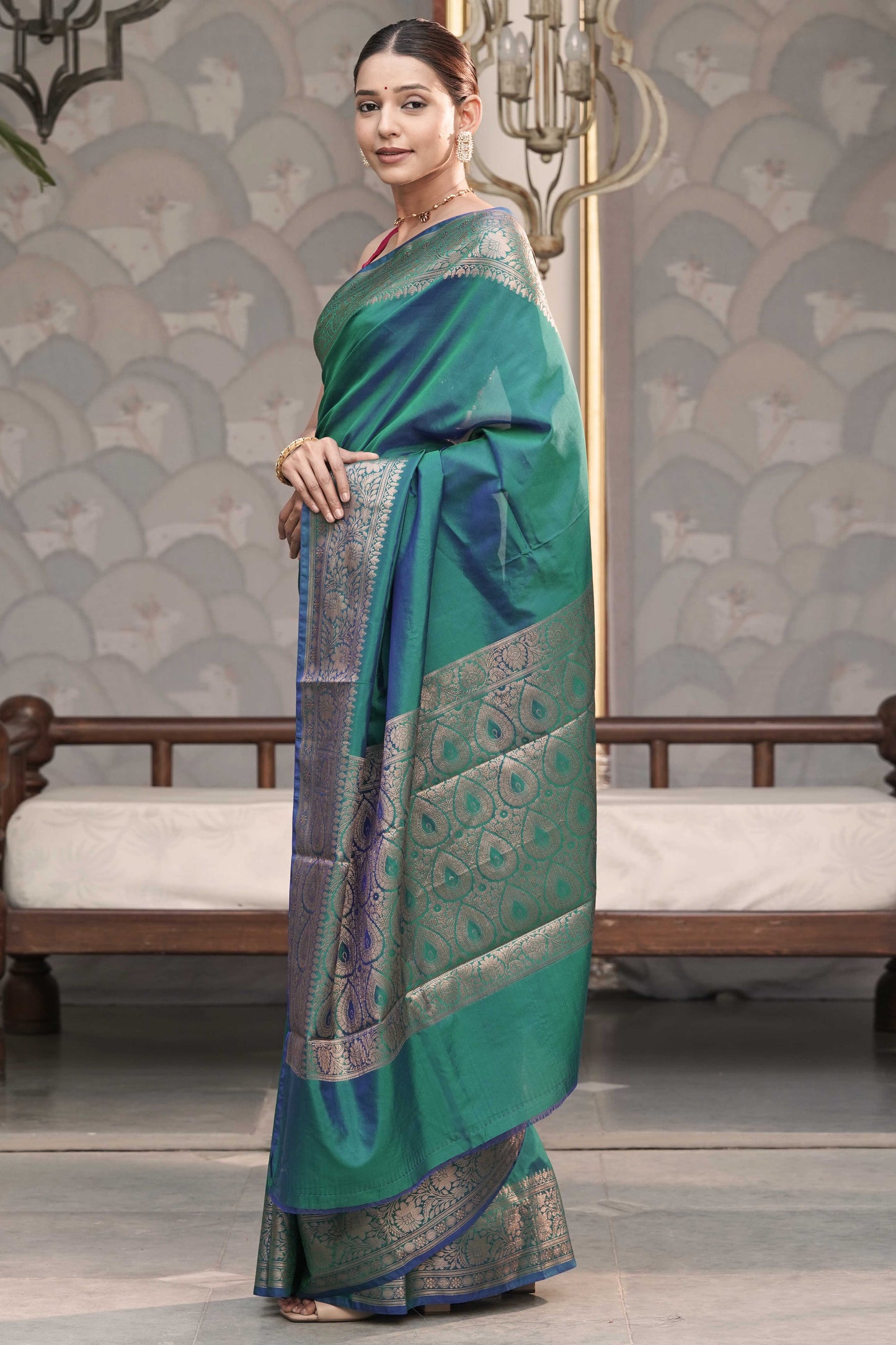 Peacock Dual Tone Plain Blend Silk Saree with traditional border palla and woven blouse