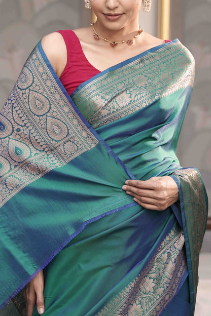 Peacock Dual Tone Plain Blend Silk Saree with traditional border palla and woven blouse
