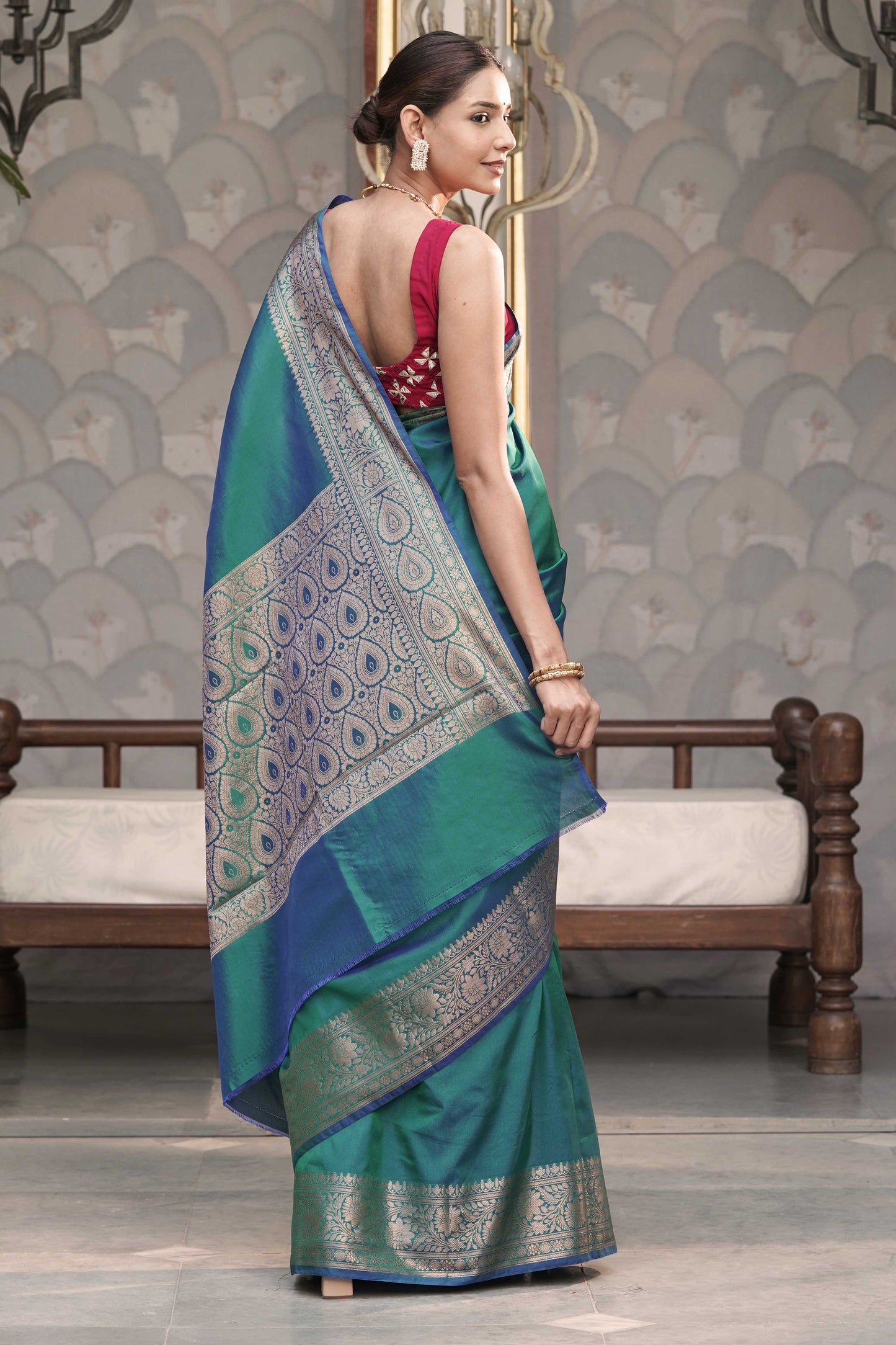 Peacock Dual Tone Plain Blend Silk Saree with traditional border palla and woven blouse
