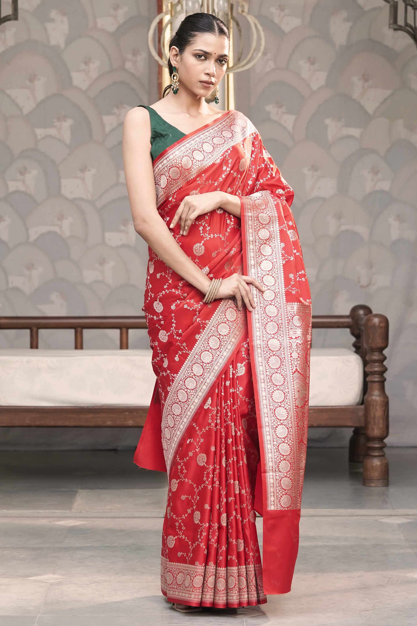 Red Banarasi Mashru Silk Saree in Golden zari slim Jaal pattern
