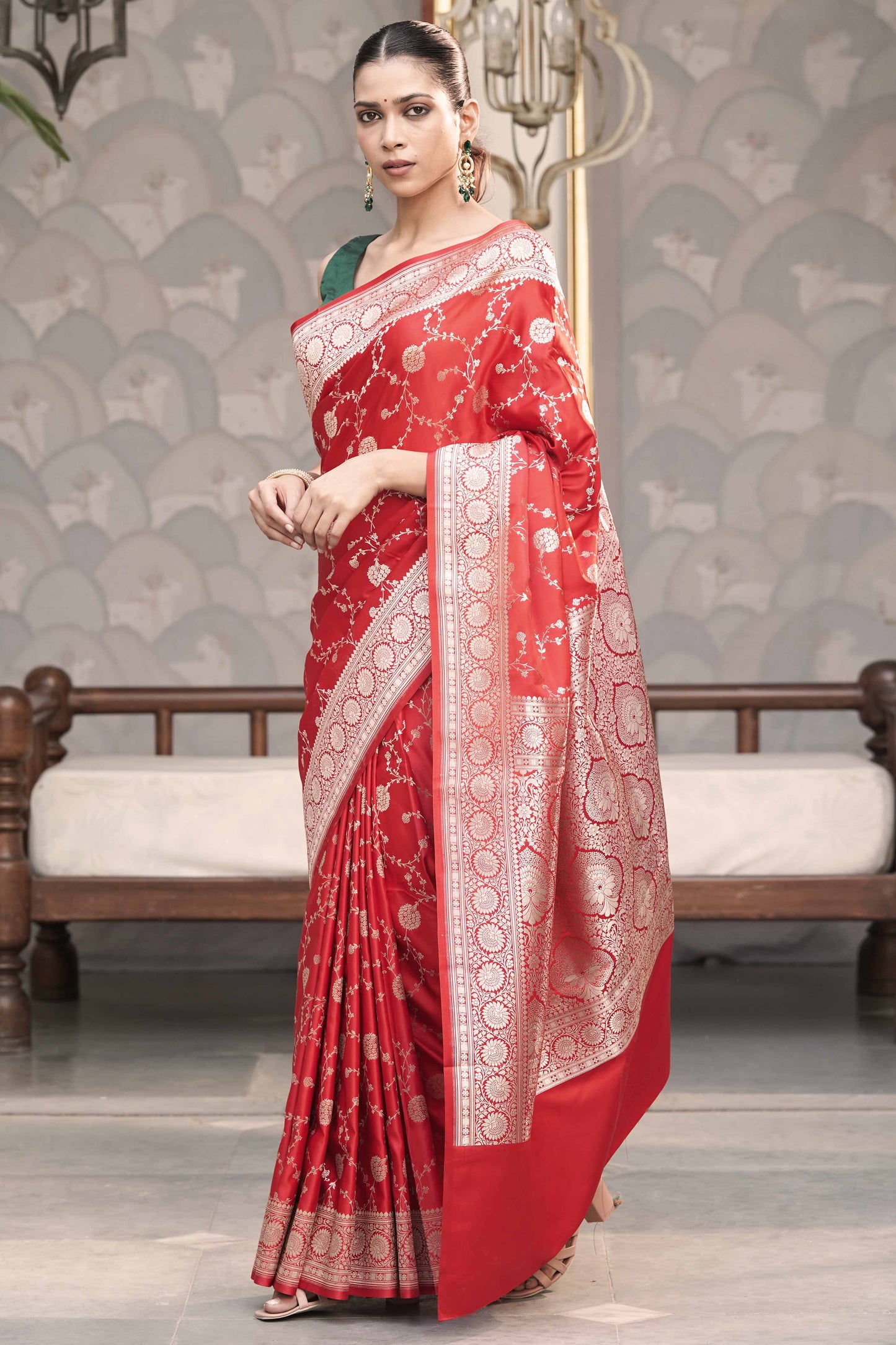 Red Banarasi Mashru Silk Saree in Golden zari slim Jaal pattern