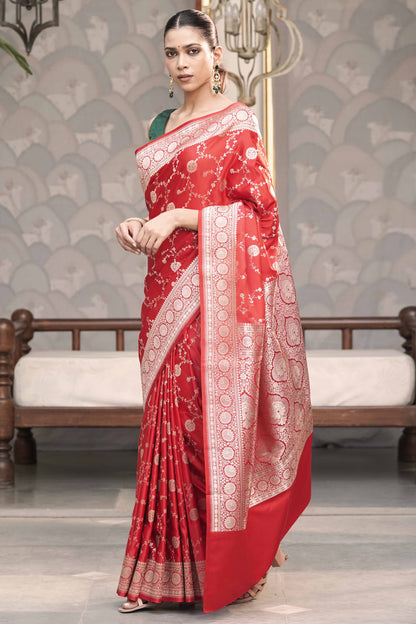 Red Banarasi Mashru Silk Saree in Golden zari slim Jaal pattern