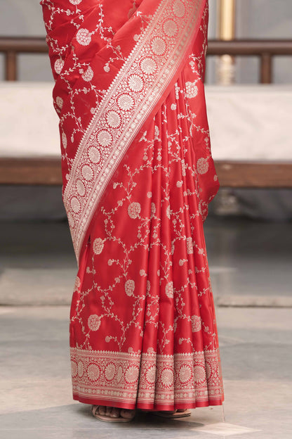 Red Banarasi Mashru Silk Saree in Golden zari slim Jaal pattern