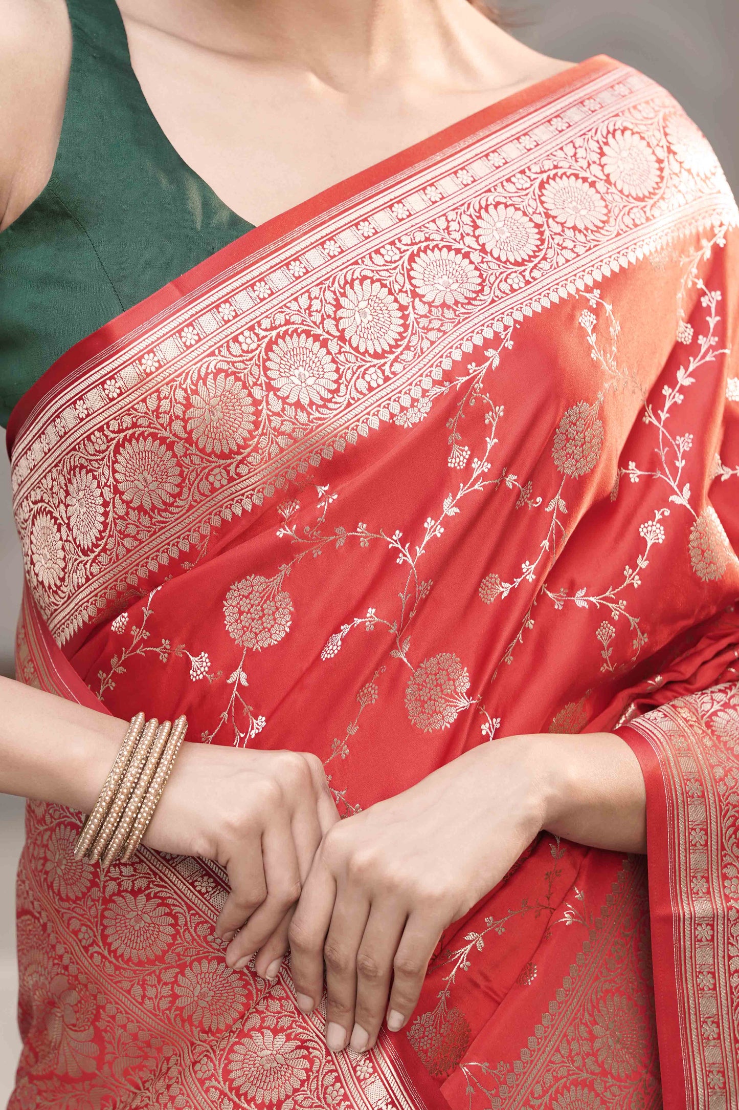 Red Banarasi Mashru Silk Saree in Golden zari slim Jaal pattern