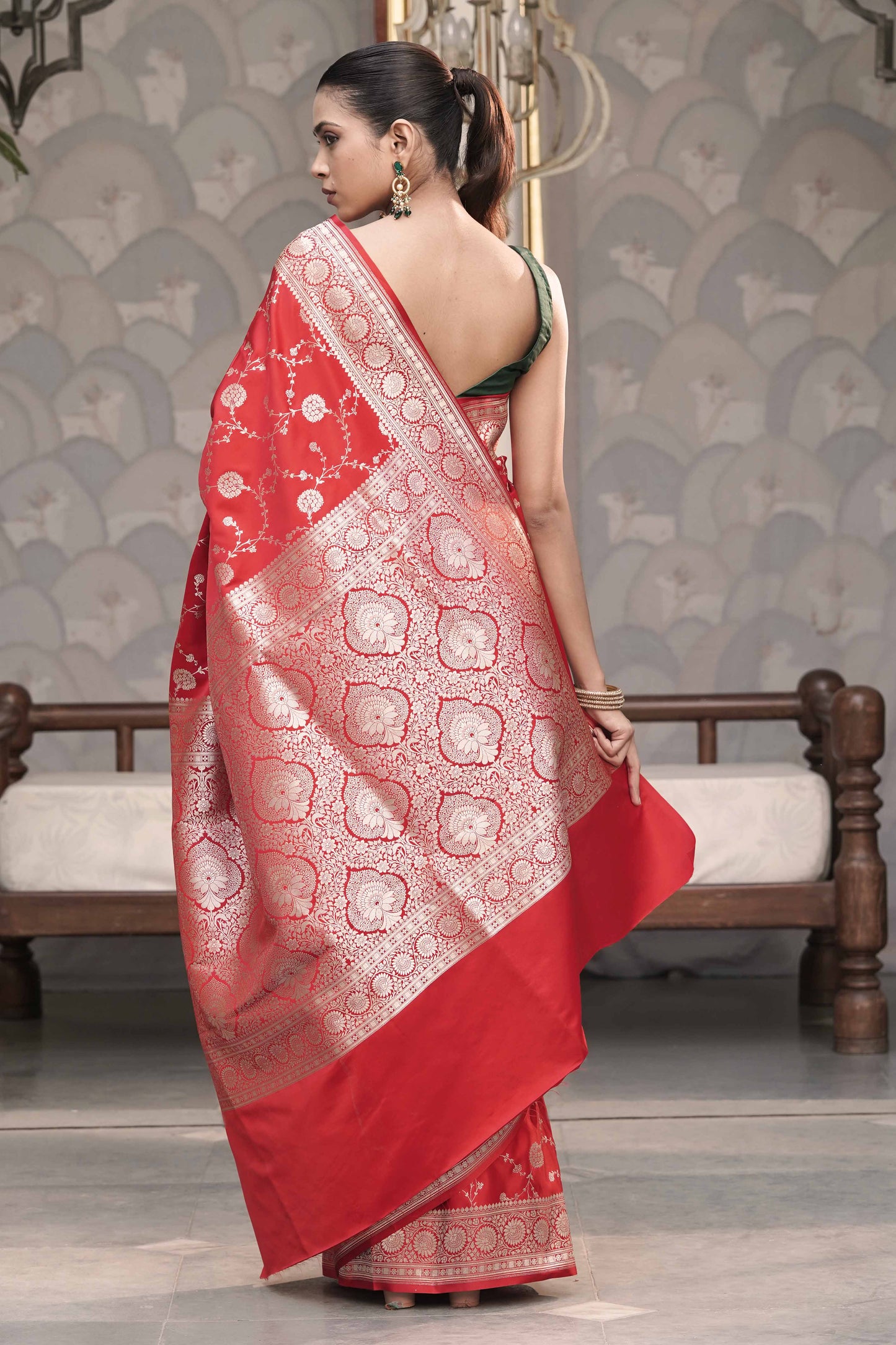 Red Banarasi Mashru Silk Saree in Golden zari slim Jaal pattern
