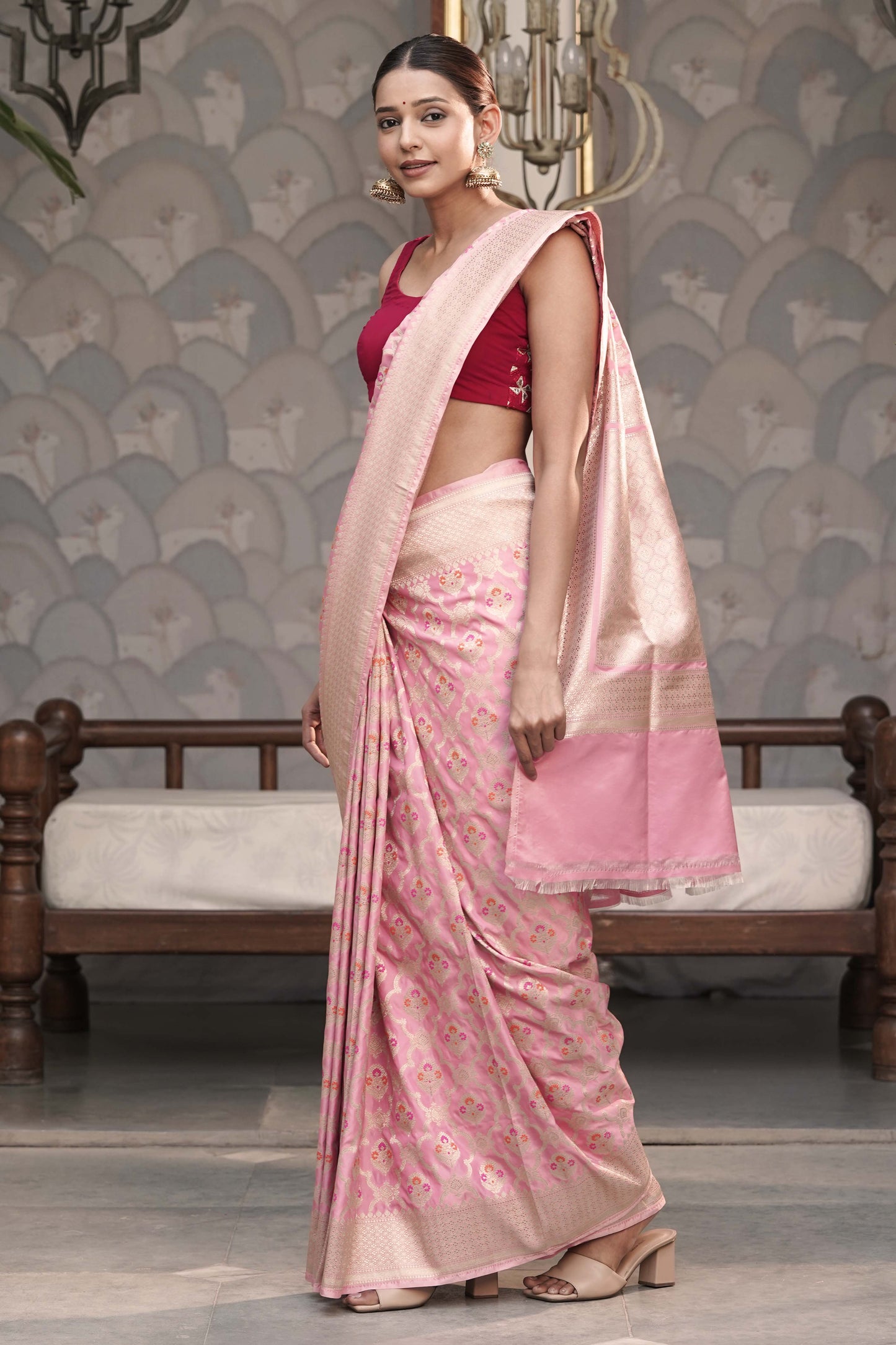 Pastel Pink Katan Silk Blend with Meenakari work