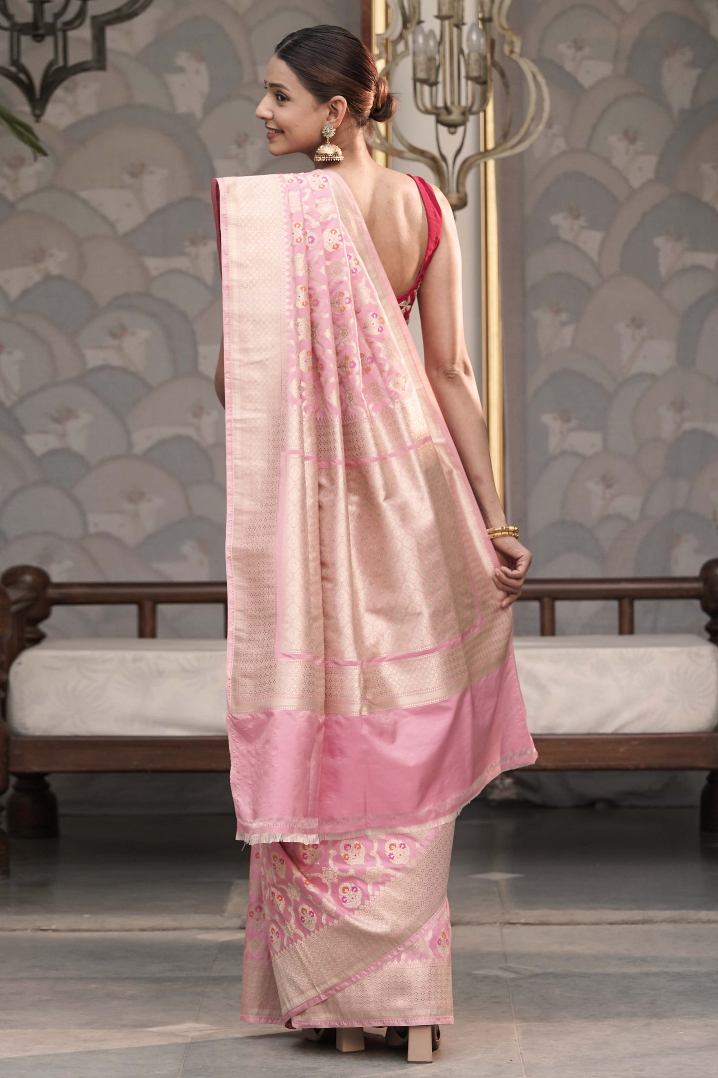 Pastel Pink Katan Silk Blend with Meenakari work