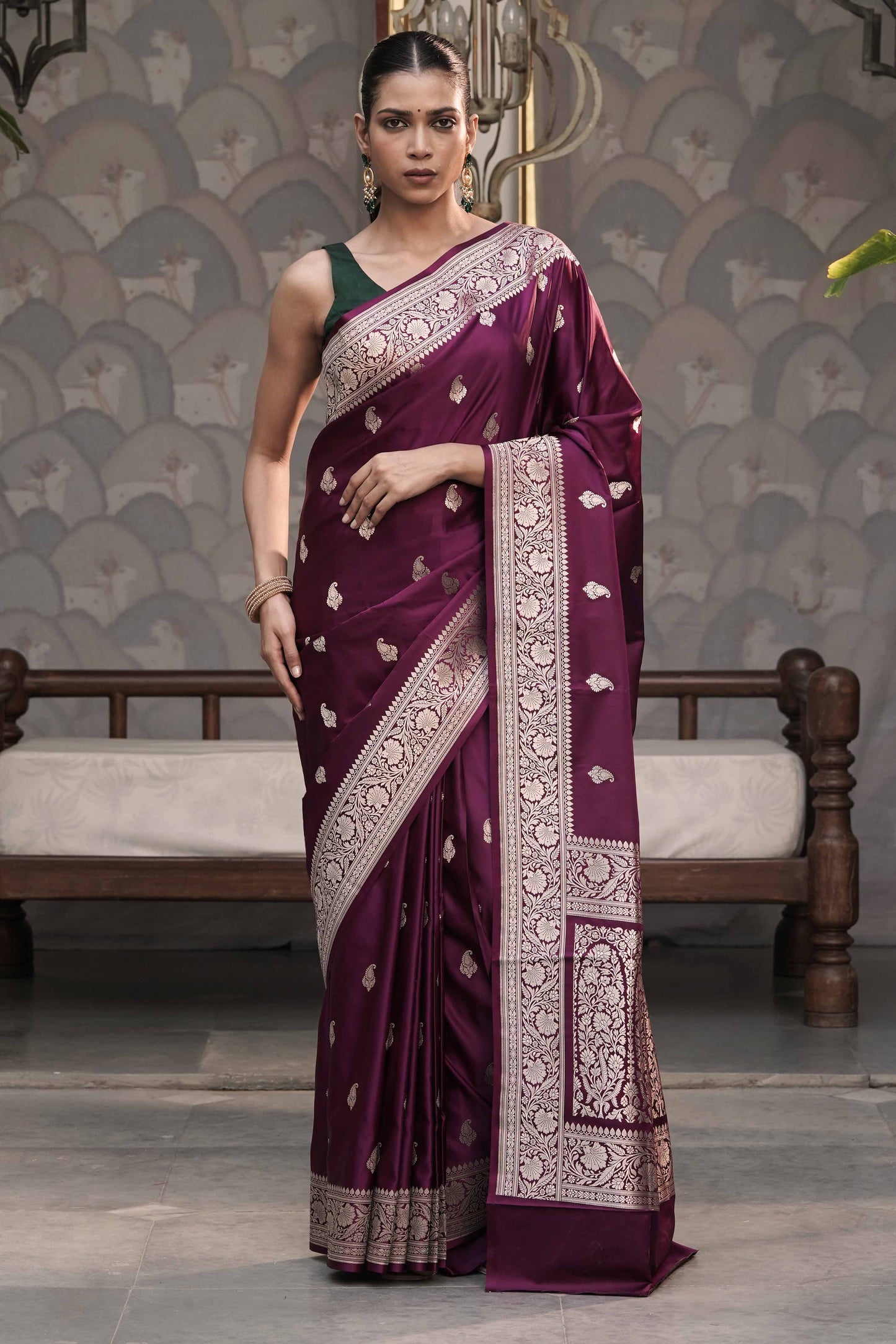 Wine Mashru Silk Saree with Traditional Buta Border Weave