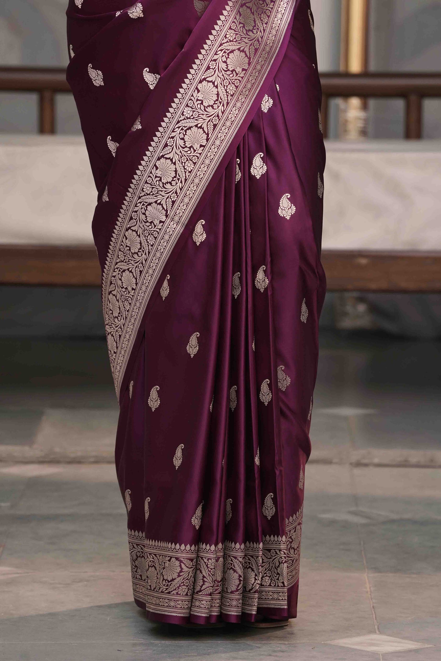 Wine Mashru Silk Saree with Traditional Buta Border Weave