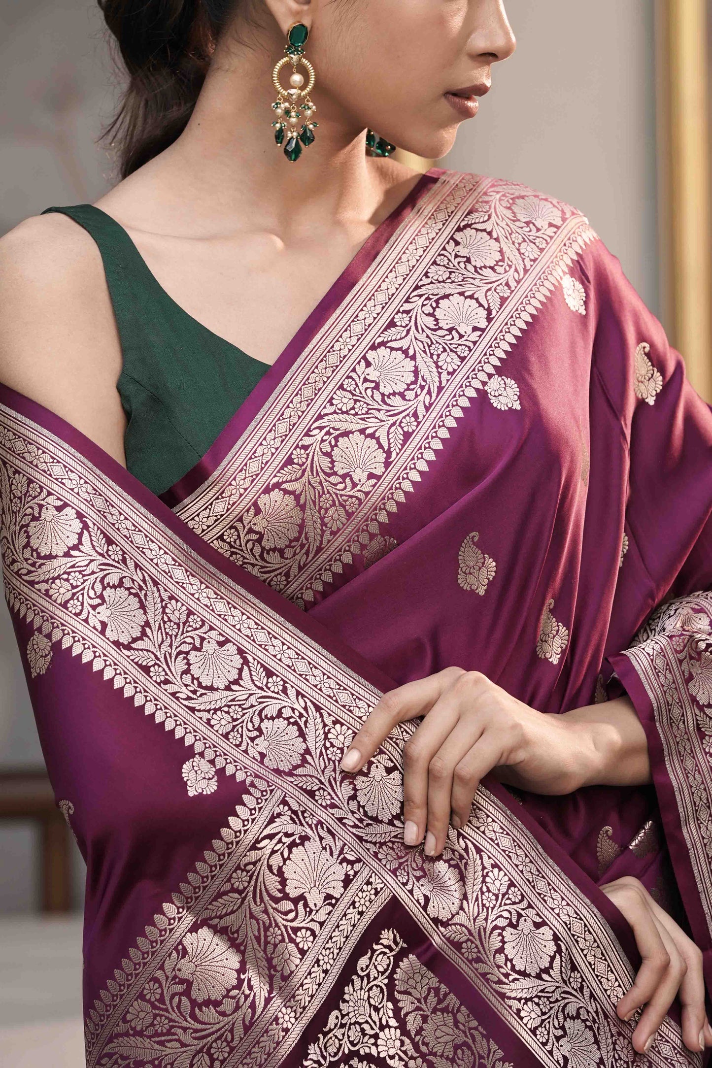 Wine Mashru Silk Saree with Traditional Buta Border Weave