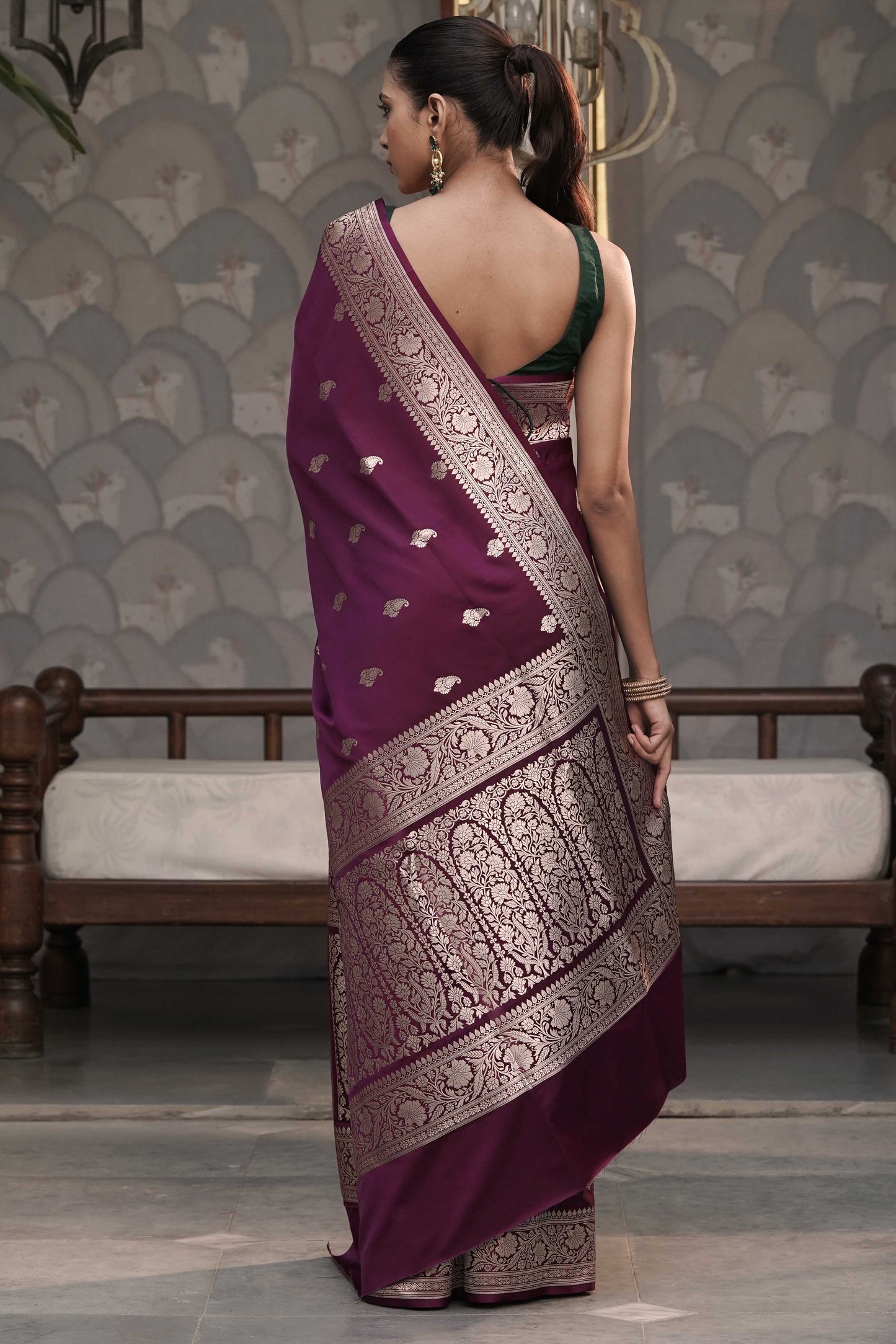 Wine Mashru Silk Saree with Traditional Buta Border Weave