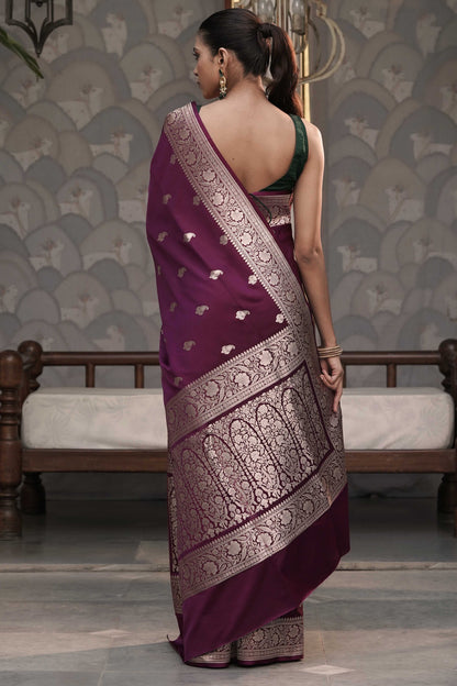 Wine Mashru Silk Saree with Traditional Buta Border Weave