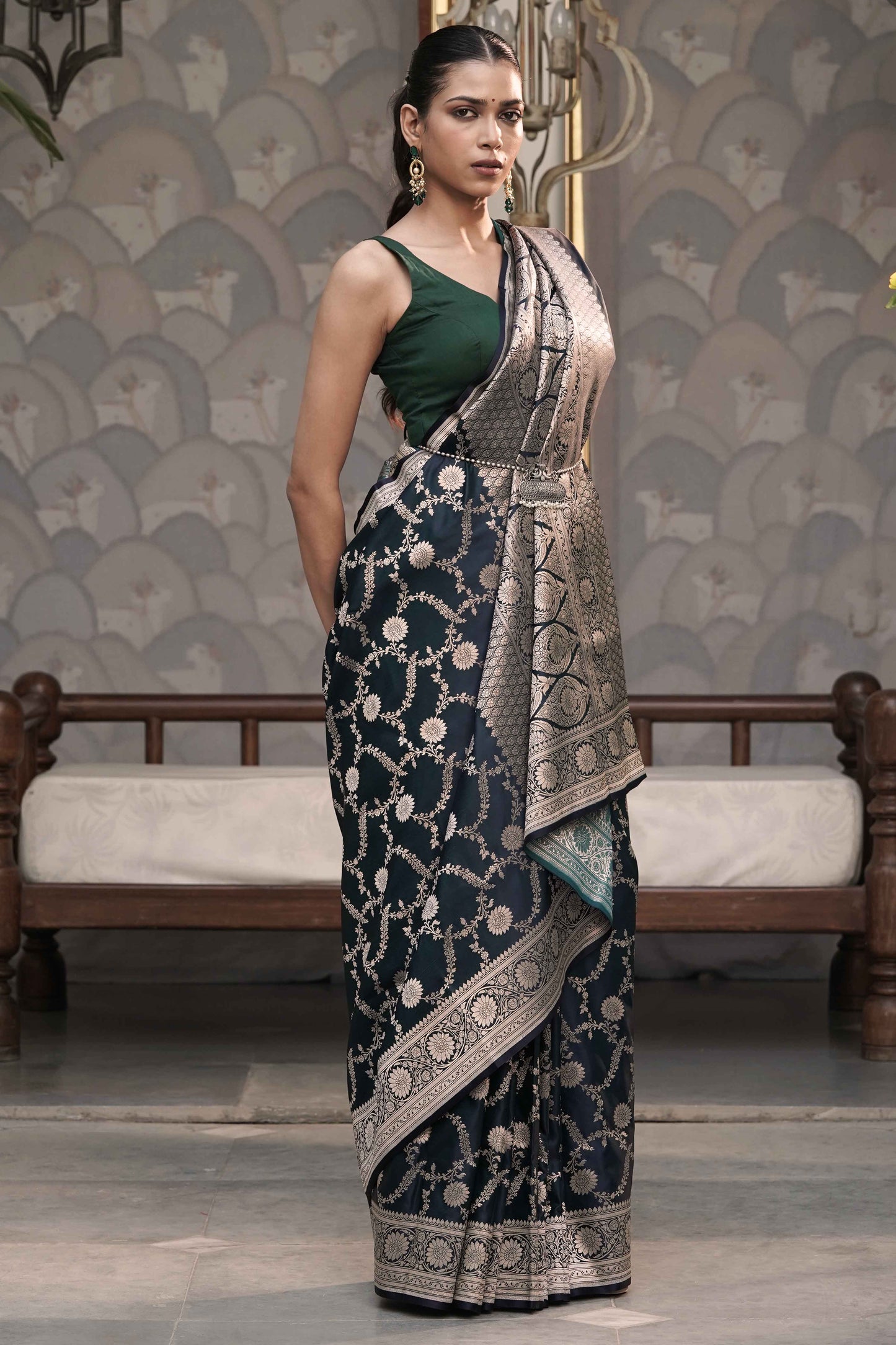 Teal Blue Mashru Silk Saree Woven in Traditonal jangla with Rich Golden Zari Palla