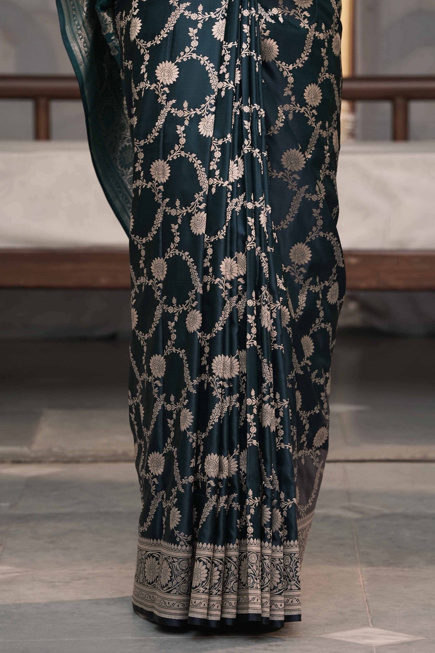 Teal Blue Mashru Silk Saree Woven in Traditonal jangla with Rich Golden Zari Palla