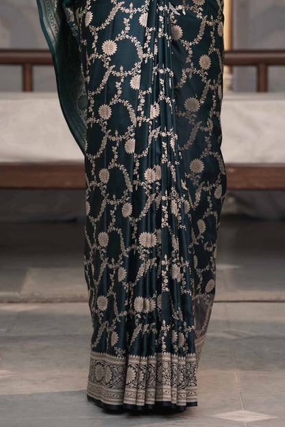 Teal Blue Mashru Silk Saree Woven in Traditonal jangla with Rich Golden Zari Palla