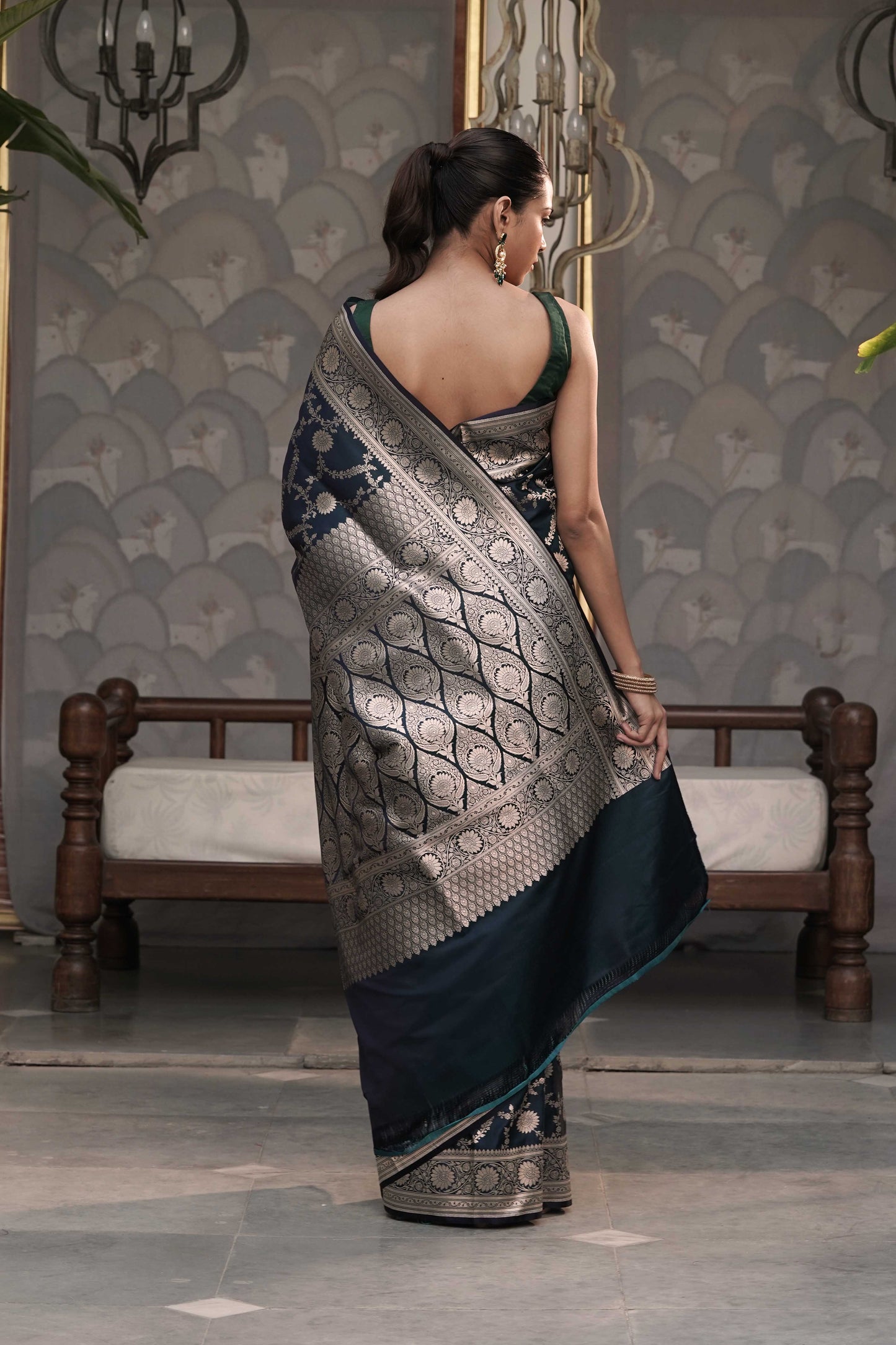 Teal Blue Mashru Silk Saree Woven in Traditonal jangla with Rich Golden Zari Palla