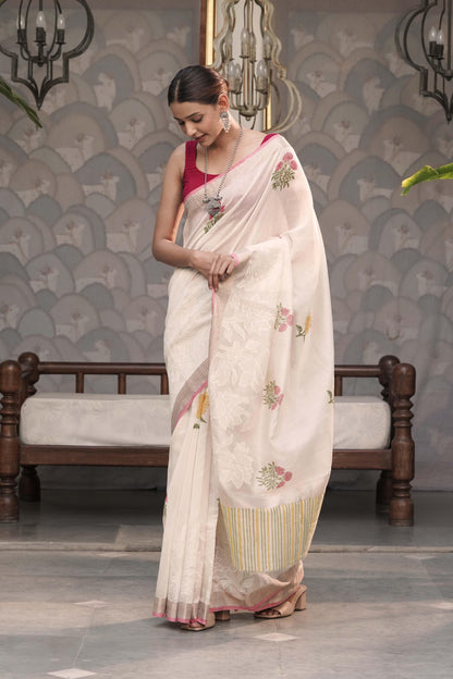Off White Pure Chanderi with Applique work above zari border and hand block print