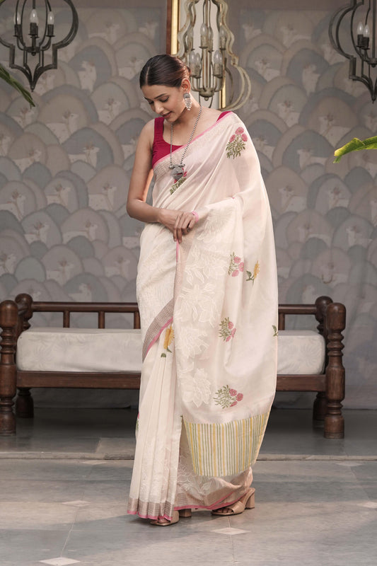 Off White Pure Chanderi with Applique work above zari border and hand block print