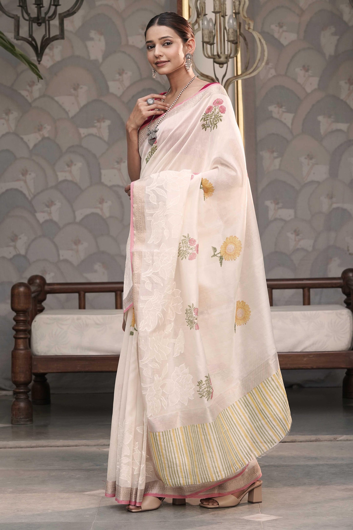 Off White Pure Chanderi with Applique work above zari border and hand block print