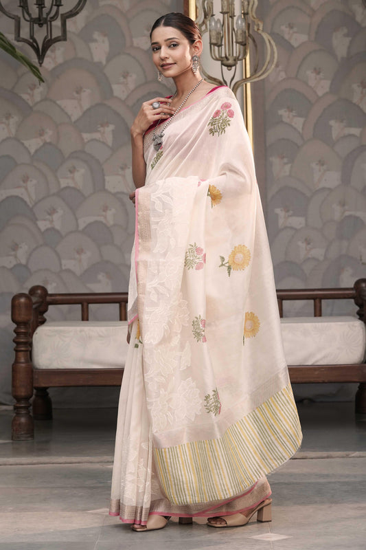 Off White Pure Chanderi with Applique work above zari border and hand block print