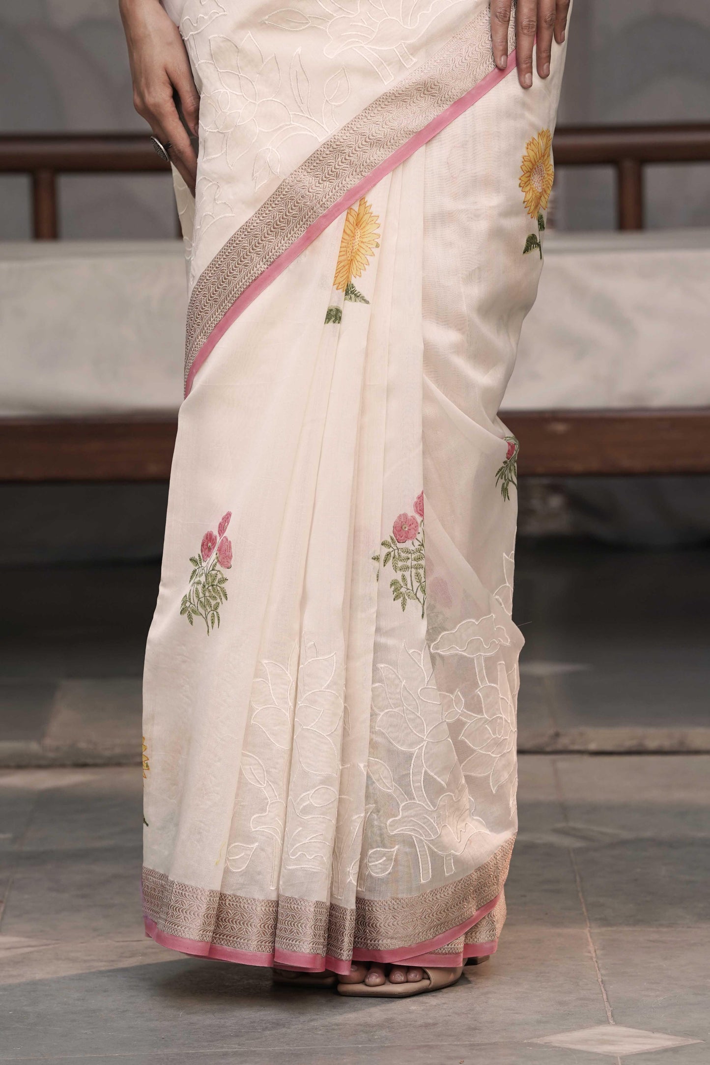 Off White Pure Chanderi with Applique work above zari border and hand block print