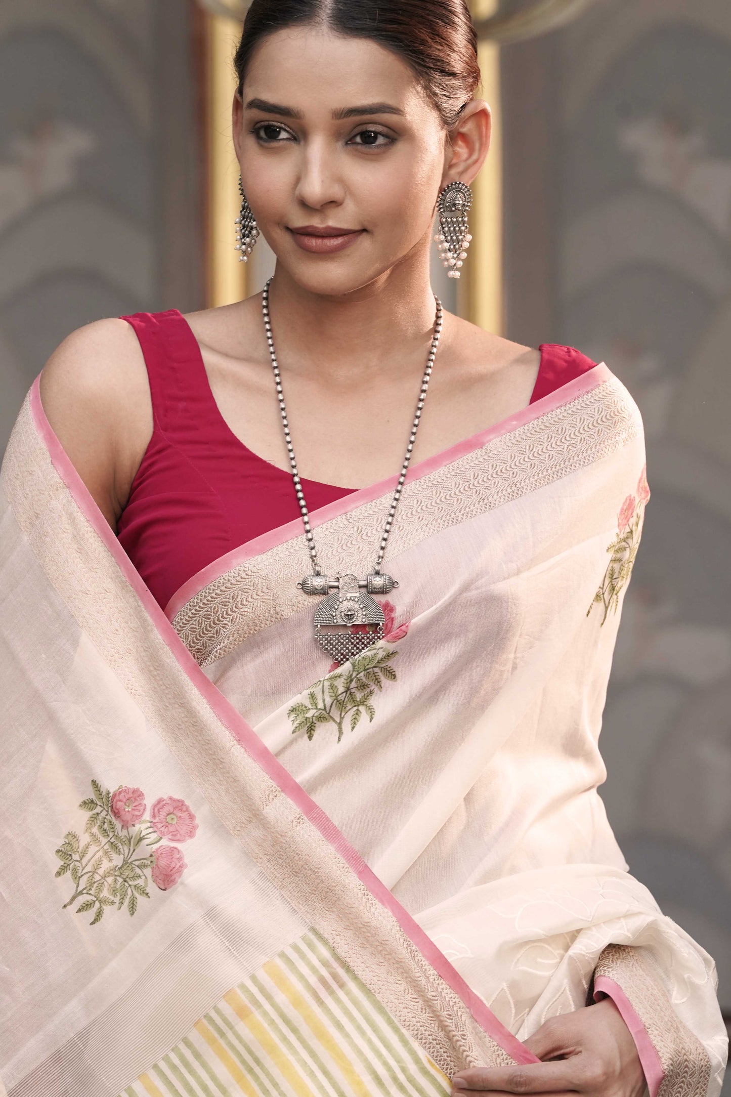 Off White Pure Chanderi with Applique work above zari border and hand block print
