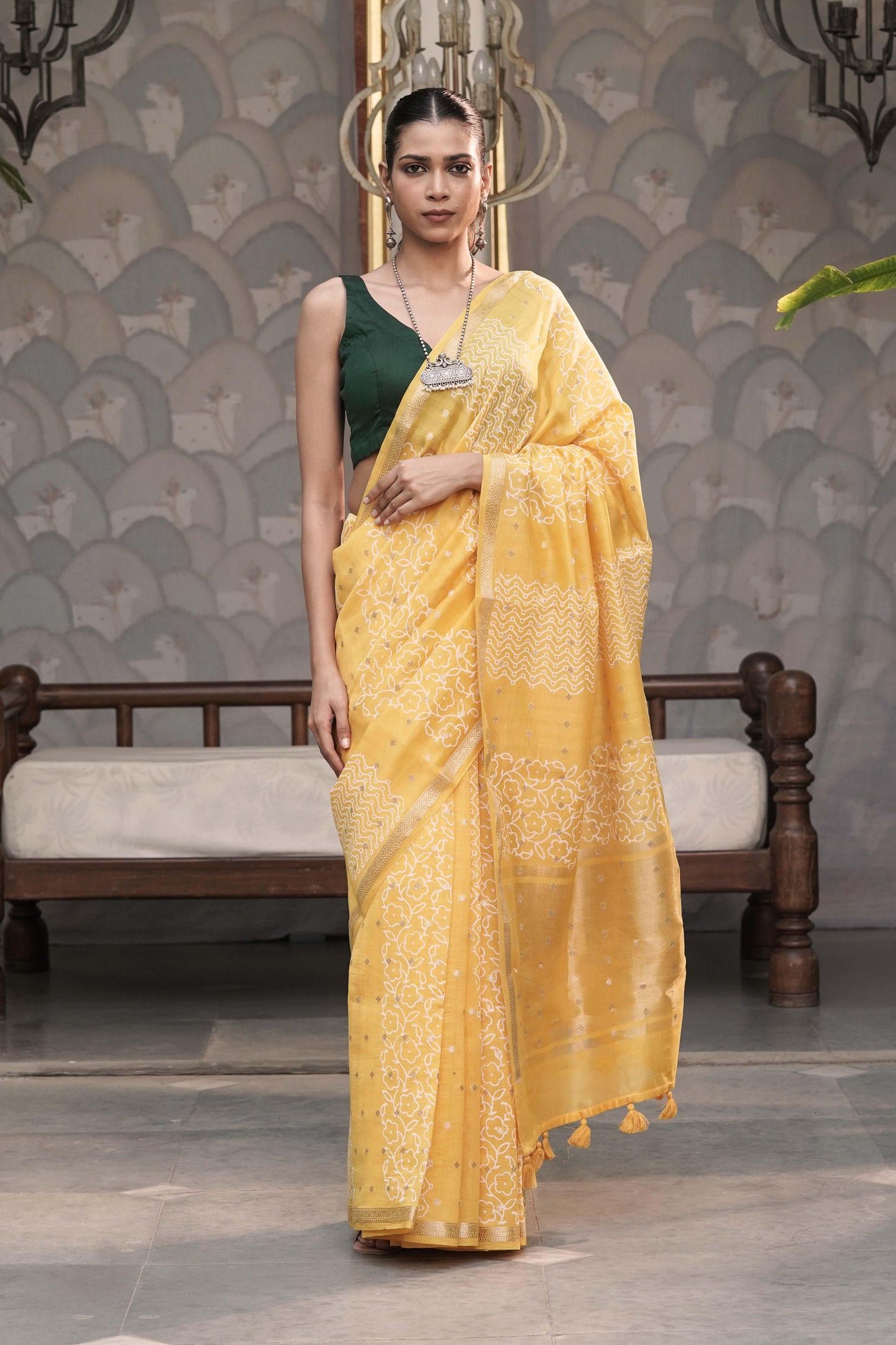 Yellow Pure chanderi Silk Saree With Block print and accessorised with tassels on pallu