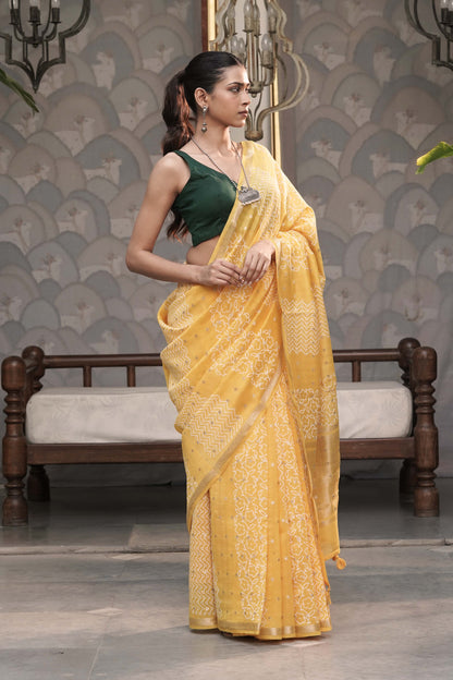 Yellow Pure chanderi Silk Saree With Block print and accessorised with tassels on pallu