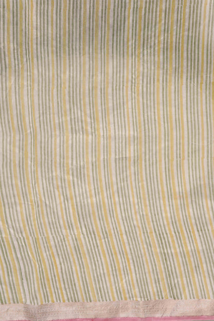 Off White Pure Chanderi with Applique work above zari border and hand block print