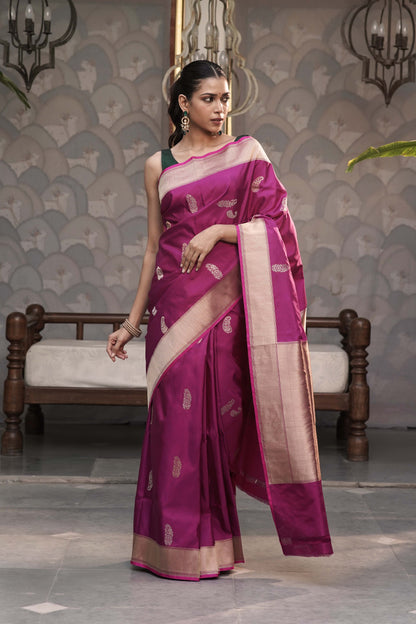 Dark Magenta Pure Banarasi Handloom Katan Silk With Kadua weaving